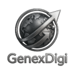 GenexDigi chrome logo with a 3D metallic globe and upward silver arrow, symbolizing a global business uplift through the best digital marketer’s innovative digital marketing strategies.